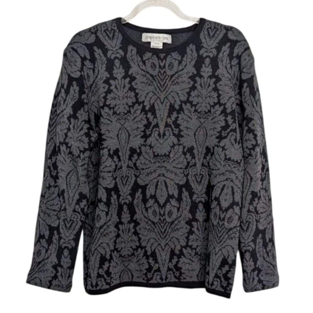 Jones New York Merino Wool Damask Sweater Womens Size Medium Black Knit Pullover